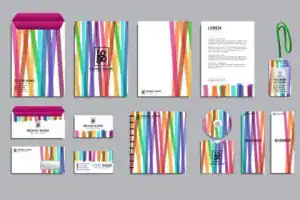  A set of corporate stationery with a colorful, vertical stripe pattern, including envelopes, letterheads, business cards.