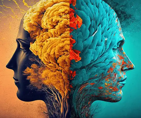 Surreal artwork of two human faces in profile, one side in warm orange tones with tree-like structures resembling a brain, an