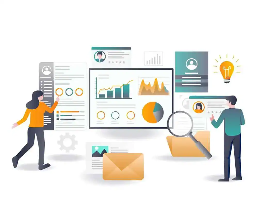 Two people analyze data on a central dashboard with charts and graphs, surrounded by icons like a magnifying glass, folder, a