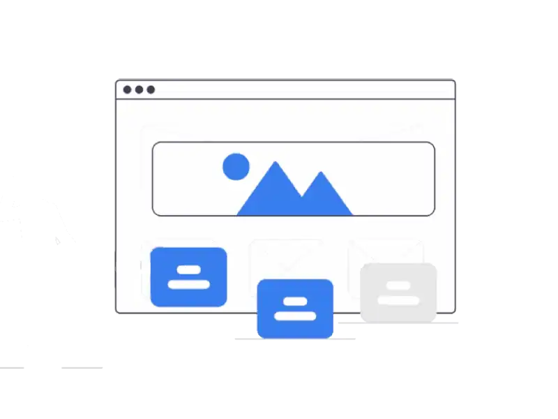 A vector illustration of a web browser window displaying a website's wireframe. It shows a banner with a stylized mountain an