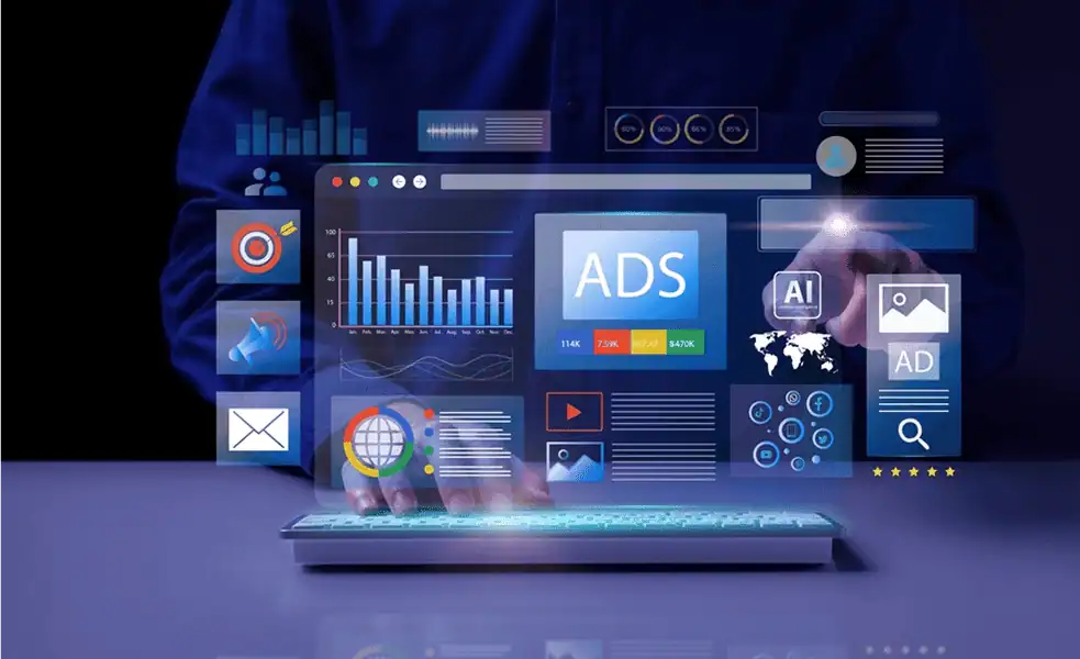 Digital marketing concept with ads, analytics, AI, and social media icons displayed on a virtual screen above a keyboard.