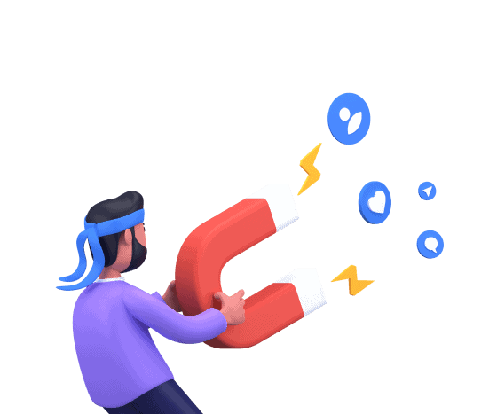 A 3D cartoon character in a purple shirt and blue bandana is holding a large red magnet. The magnet is attracting various soc